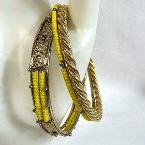 Matching Yellow Beaded Bangle Bracelets Gold Tone Accents 2.5" Diameter